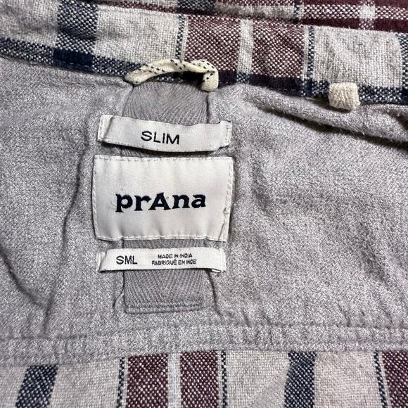 prAna Men's Wedgemont Slim Flannel Shirt Organic Cotton Ivory & Burgundy - Small - Picture 7 of 9